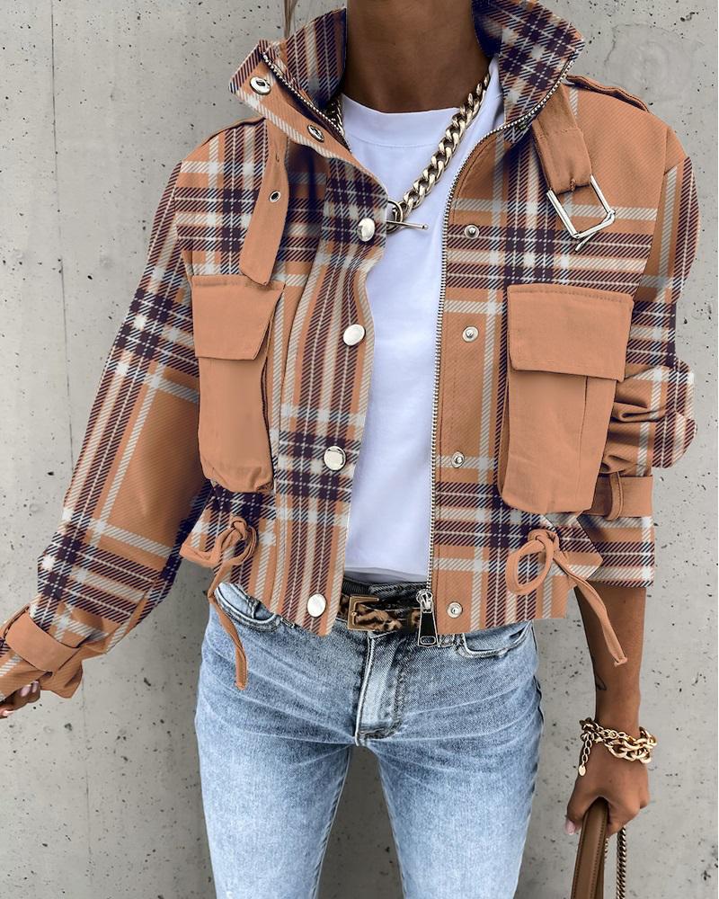 Plaid Print Pocket Design Biker Jacket