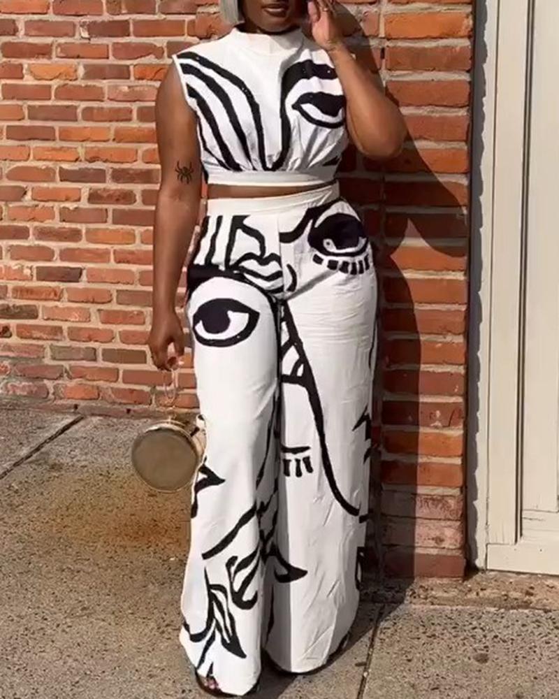 Figure Print Crop Top & Wide Leg Pants Set