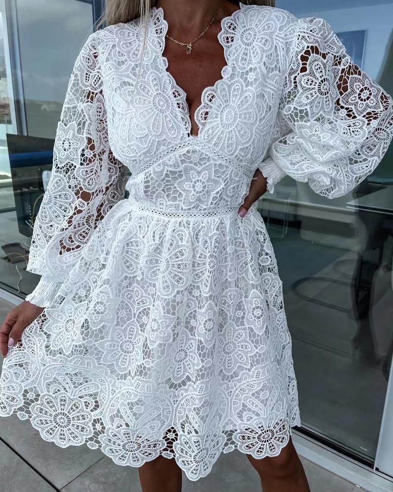 Hollow Out Lantern Sleeve Shirred Lace Dress