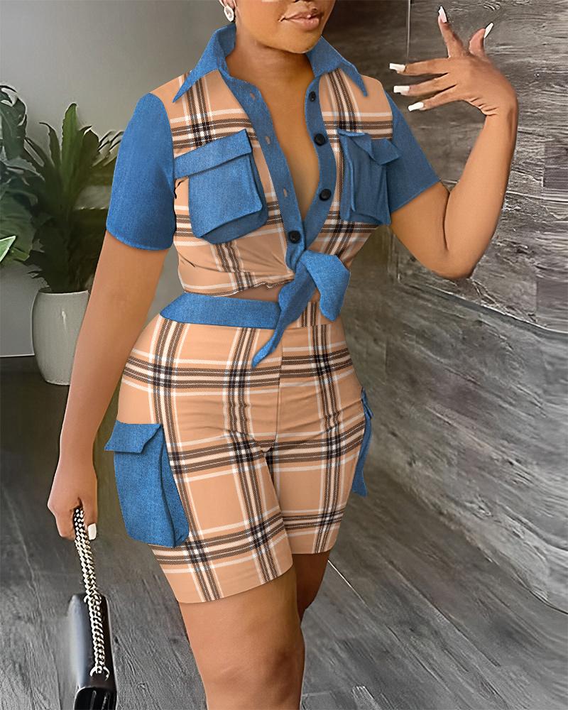 Plaid Print Patchwork Buttoned Crop Top & Shorts Set