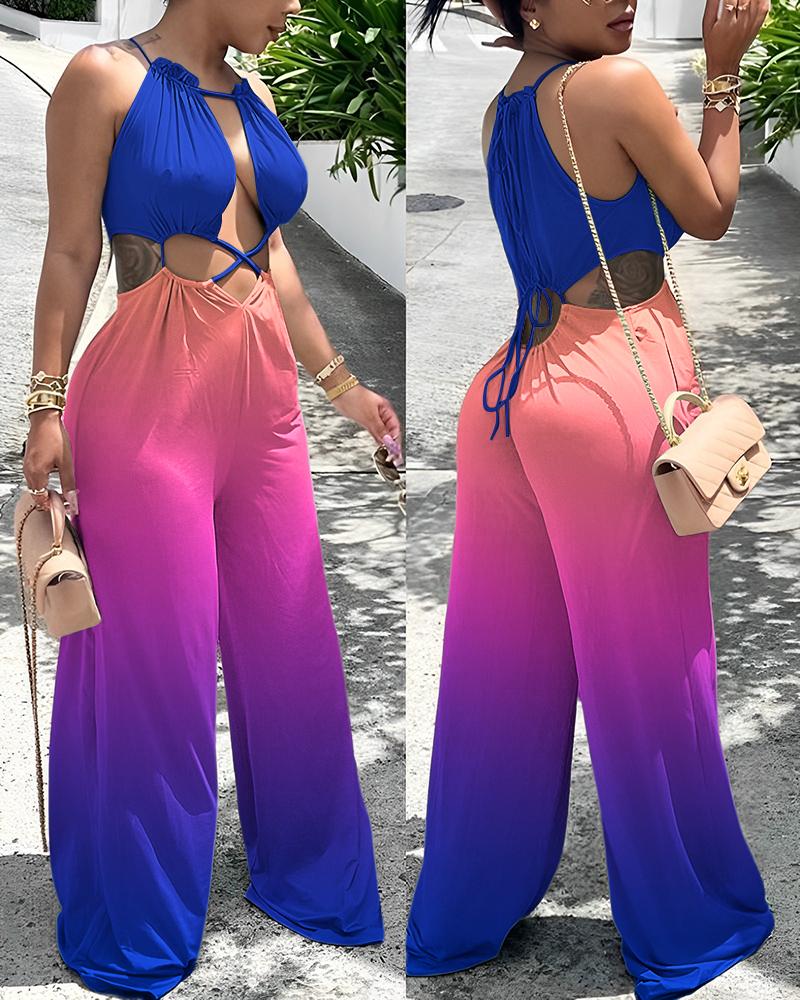 Ombre Lace-up Cutout Wide Leg Jumpsuit