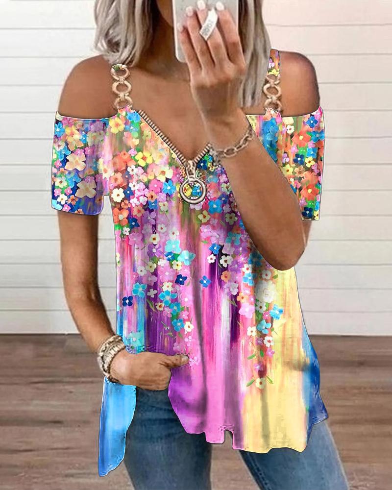 Floral Print Cold Shoulder Zip Front Top