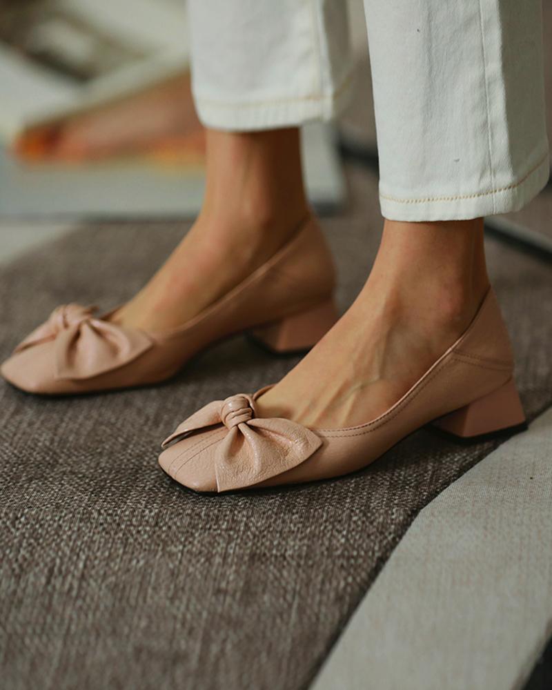 Square Toe Bowknot Front Chunky Heels
