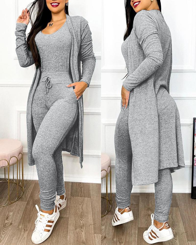 Drawstring Pocket Design Jumpsuit & Coat Set