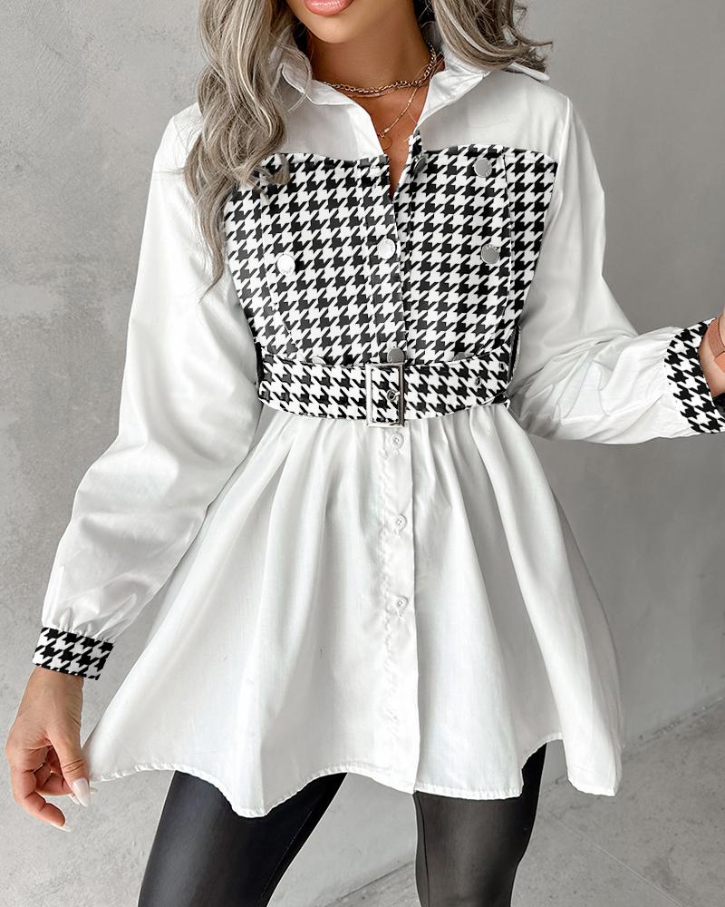 Houndstooth Print Patchwork Belted Ruched Top