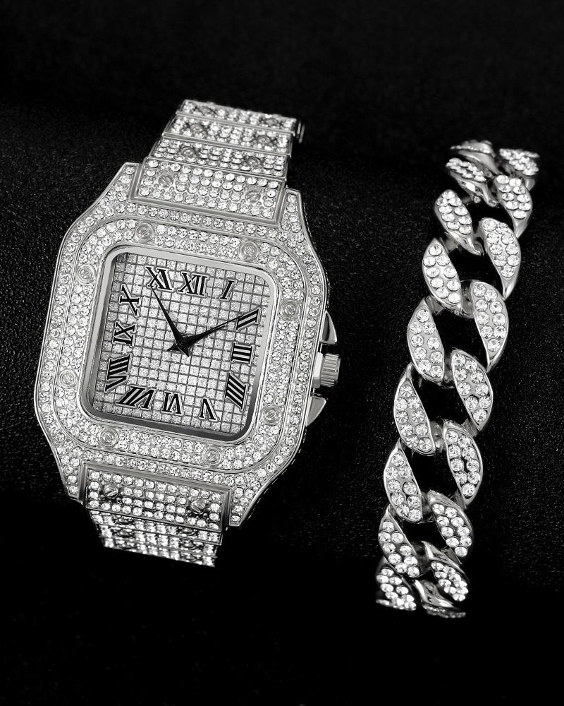 2pcs Rhinestone Square Quartz Watch & Chain Bracelet Set