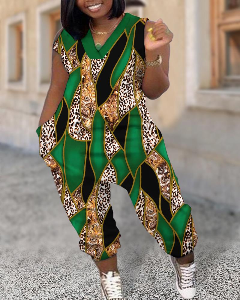 Plus Size Baroque Leopard Print Pocket Design Jumpsuit