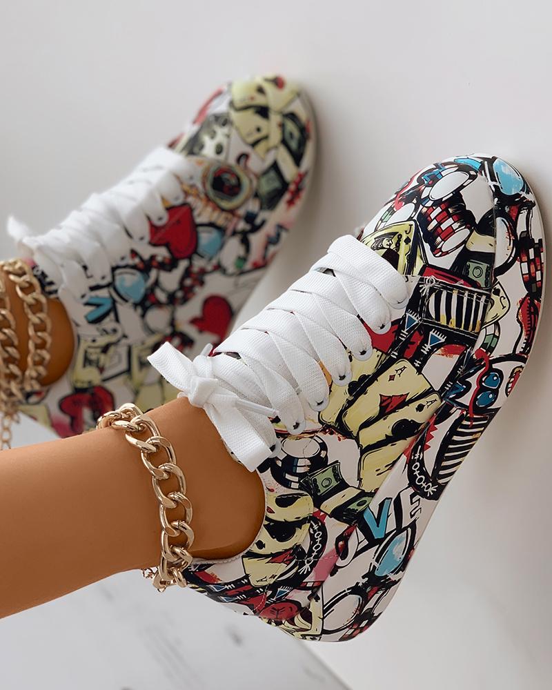 Lace-up Front Painting Print Platform Sneakers