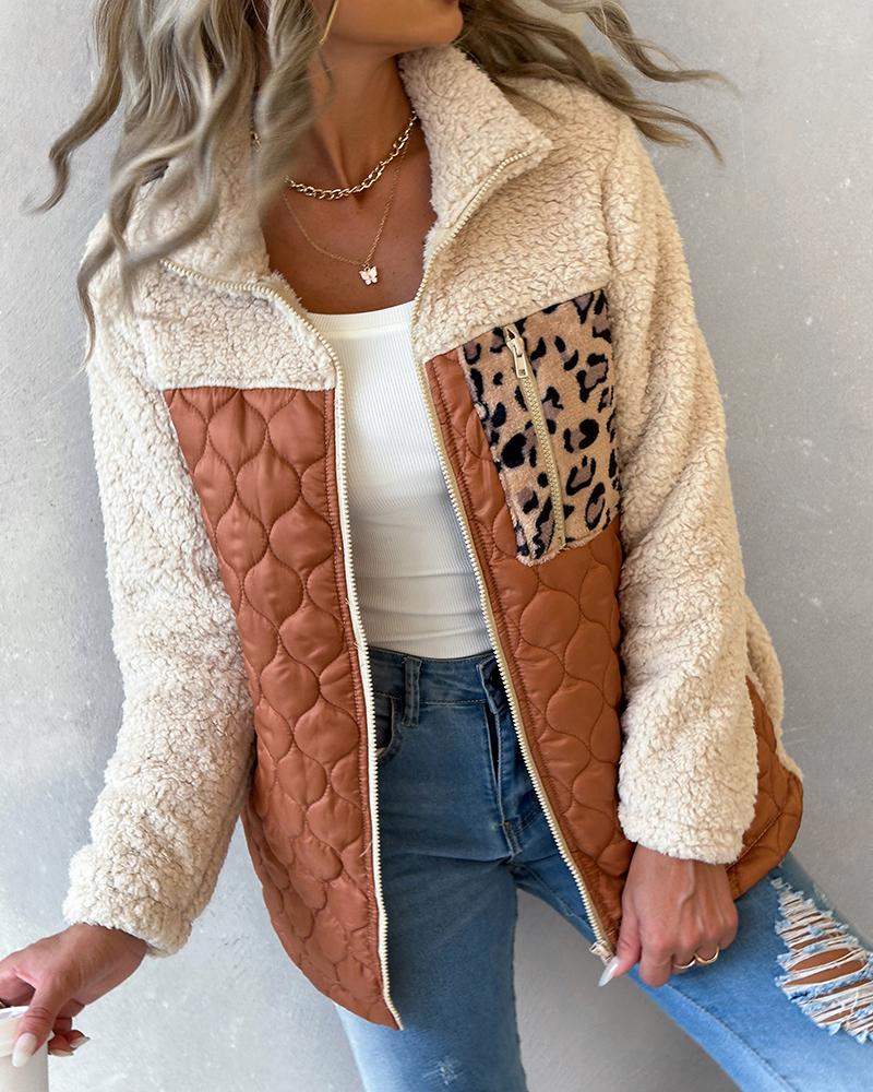 Leopard Patchwork Colorblock Zipper Fly Puffer Teddy Coat