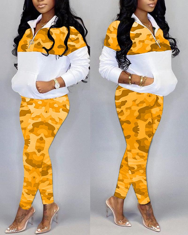 Camo Print Pocket Detail Zipper Front Top & Pants Set