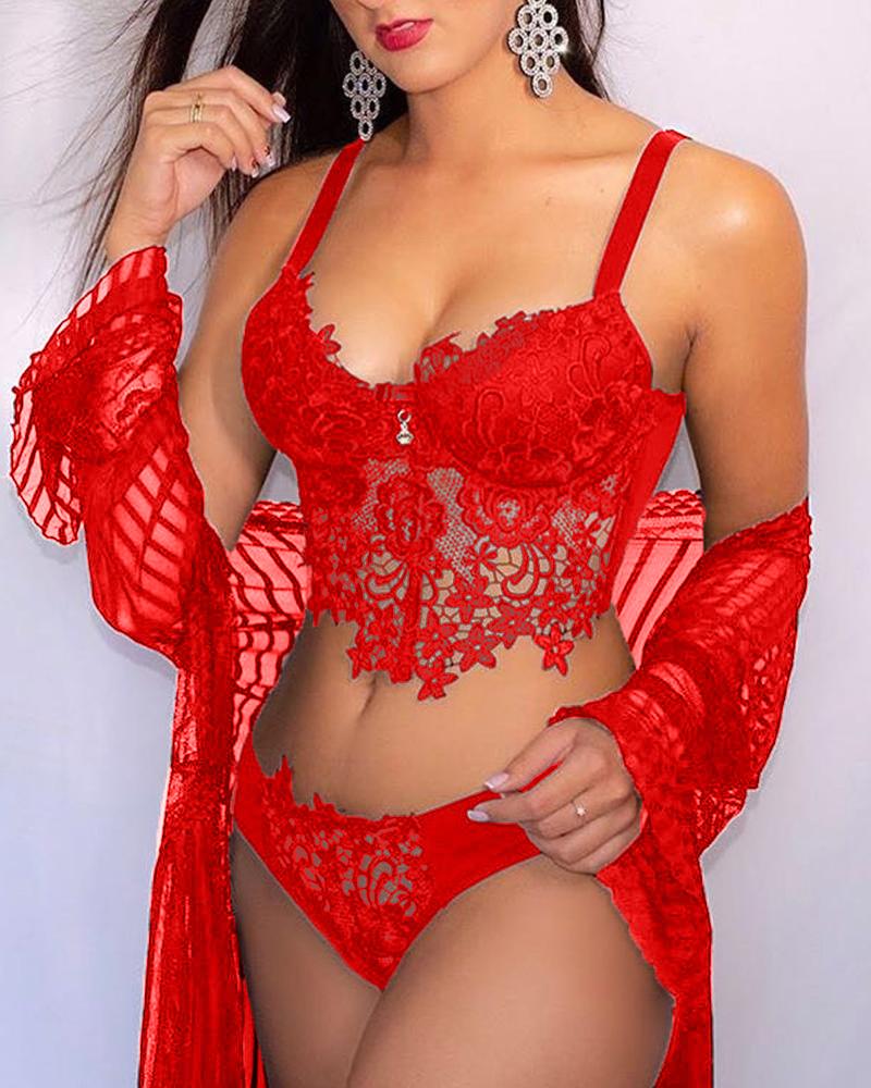 Guipure Lace Spaghetti Strap Christmas Lingerie Set