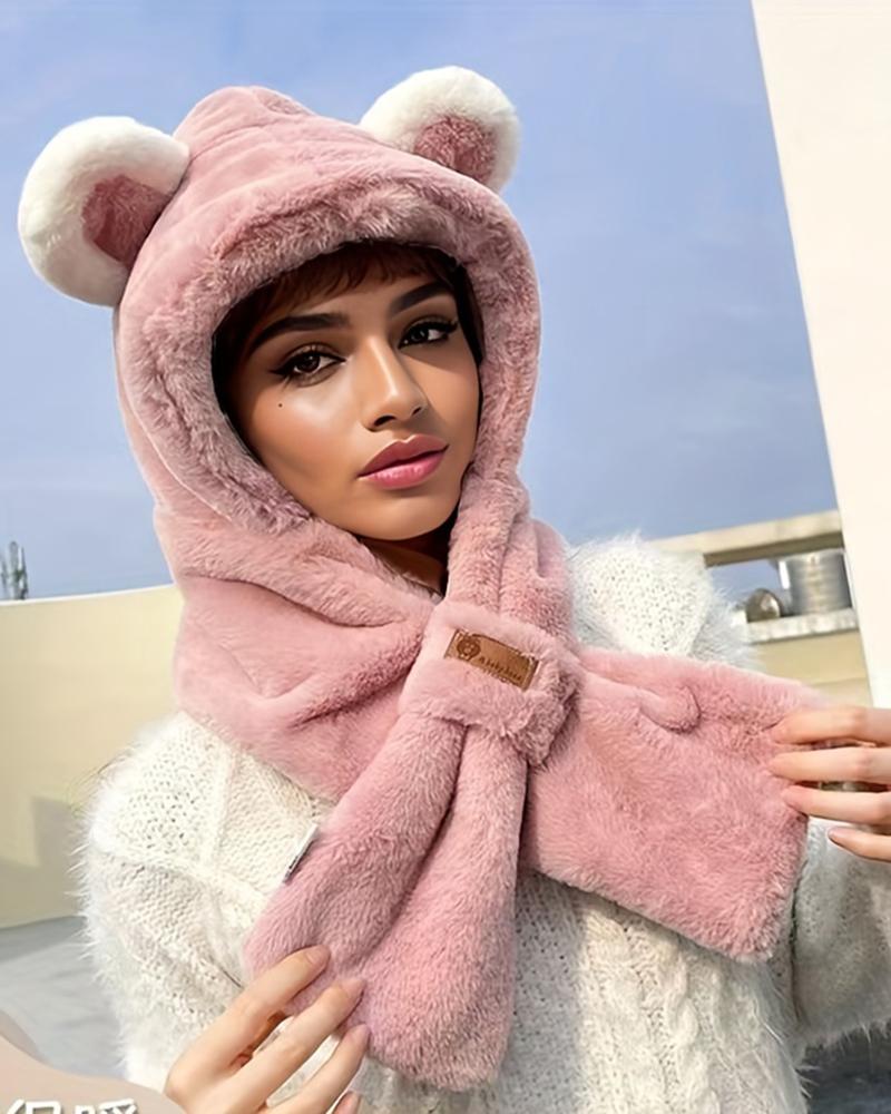 Fuzzy Winter Thermal Earmuffs One-Piece Scarf Hat With Bear Ears