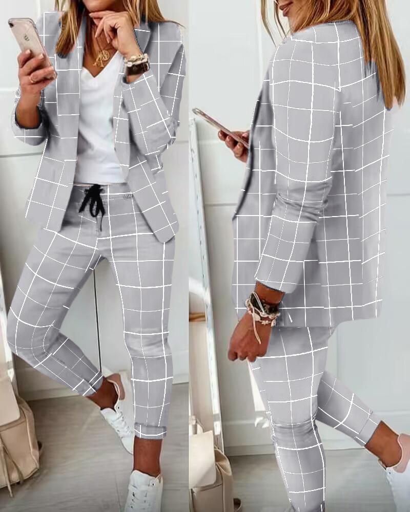 blazer set  ChicMe Plaid Print Blazer & Drawstring Pants Set