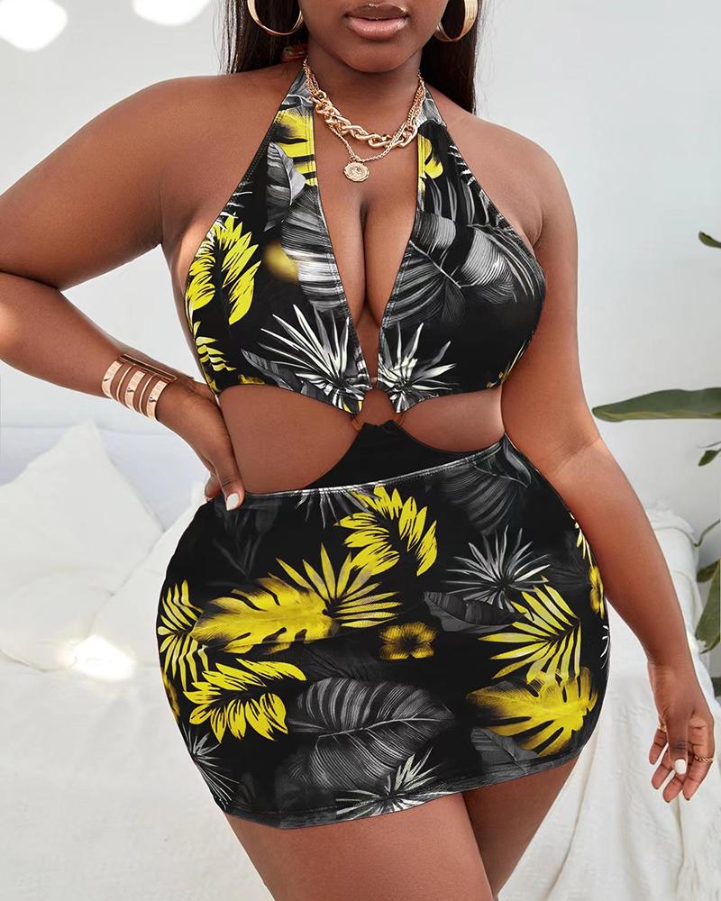 One-Piece(plus)  ChicMe 2PCS Plus Size Tropical Print One Piece Swimsuit With Cover Up
