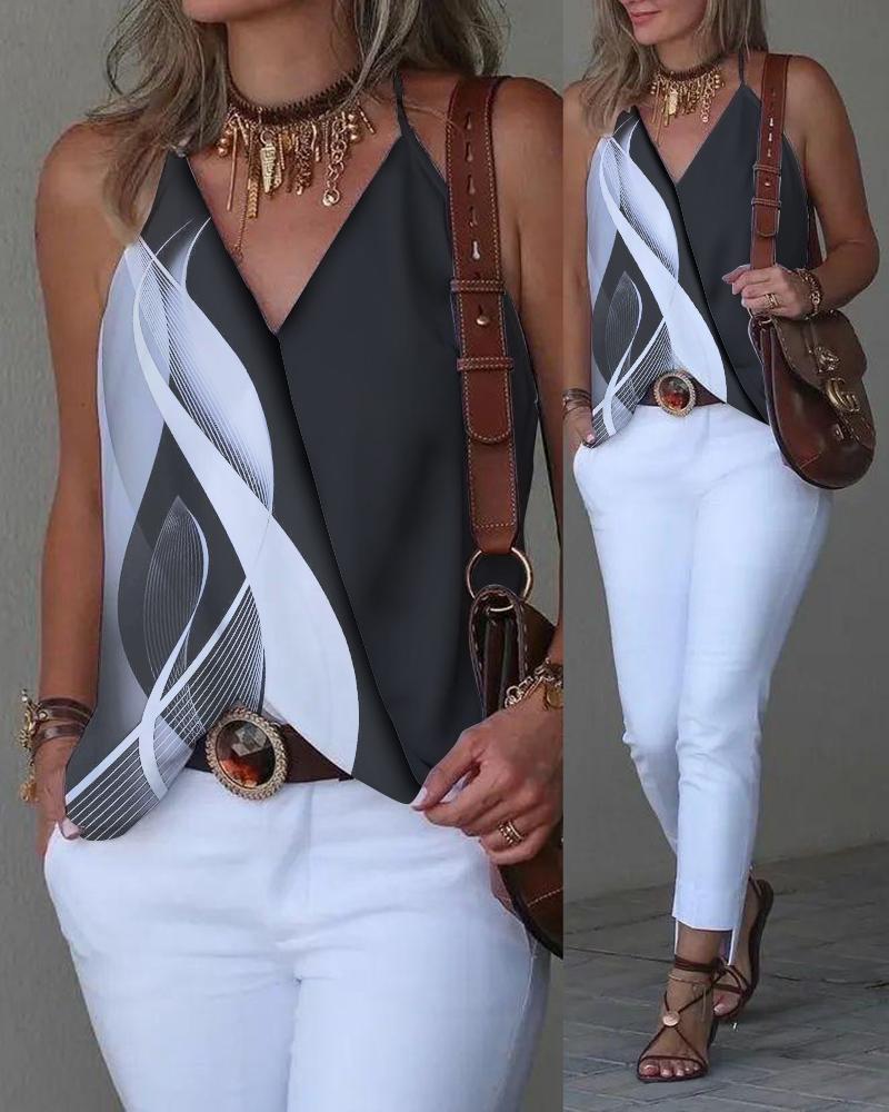 Abstract Print Colorblock Halter Wrap Tank Top