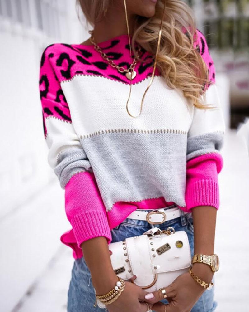 Cheetah Print Colorblock Long Sleeve Knit Sweater