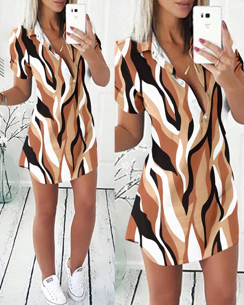 Abstract Print Button Front Shirt Dress