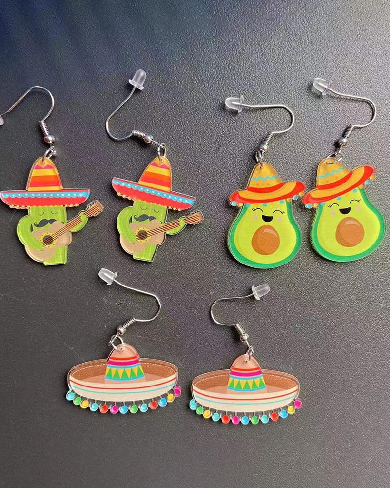 1Pair Cinco De Mayo Mexico Cartoon Horse Hat Skull Wine Bottle Cactus Jalapeno Earrings