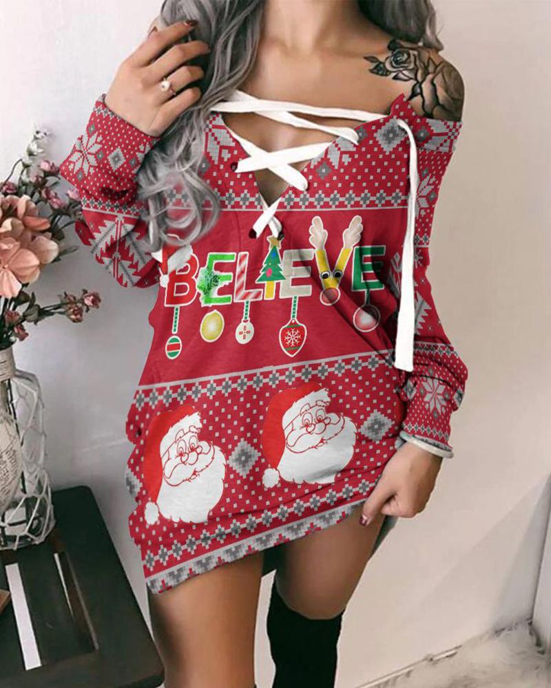 Christmas Letter Santa Print Eyelet Lace-up Sweatshirt Dress