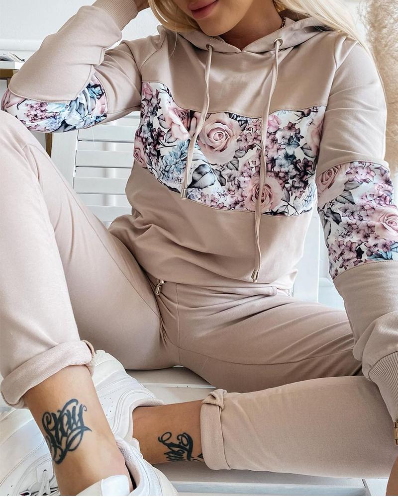 Floral Patchwork Drawstring Hooded Long Sleeve Top & Pants Set