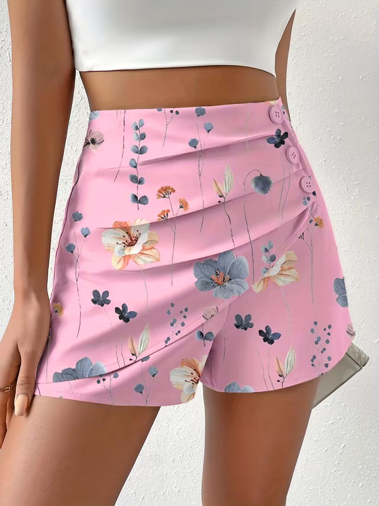  Floral Print Side Button Ruched Shorts