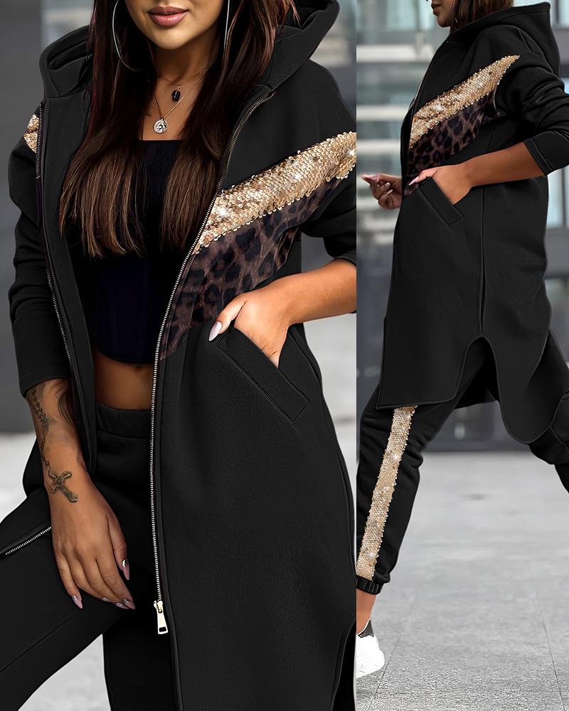 Leopard Print Contrast Sequin Hoodie Coat & Cuffed Pants Set