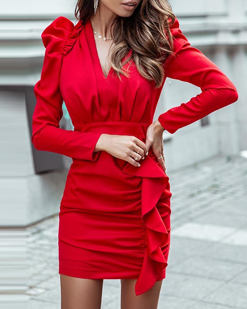 Plain Puff Sleeve Ruffle Hem Ruched Bodycon Dress