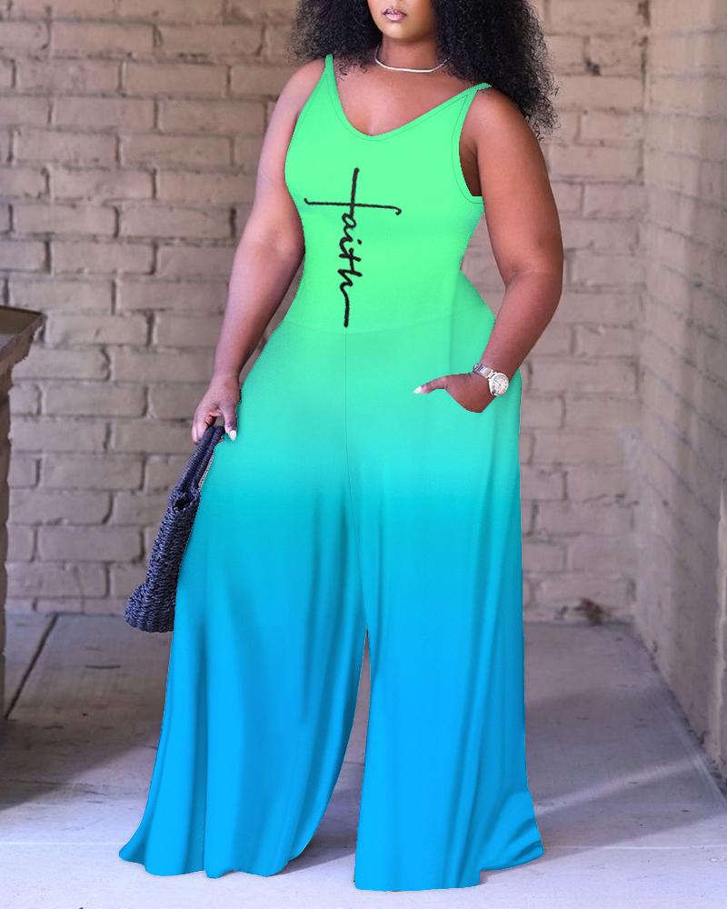 Plus Size Faith Print Ombre Wide Leg Jumpsuit