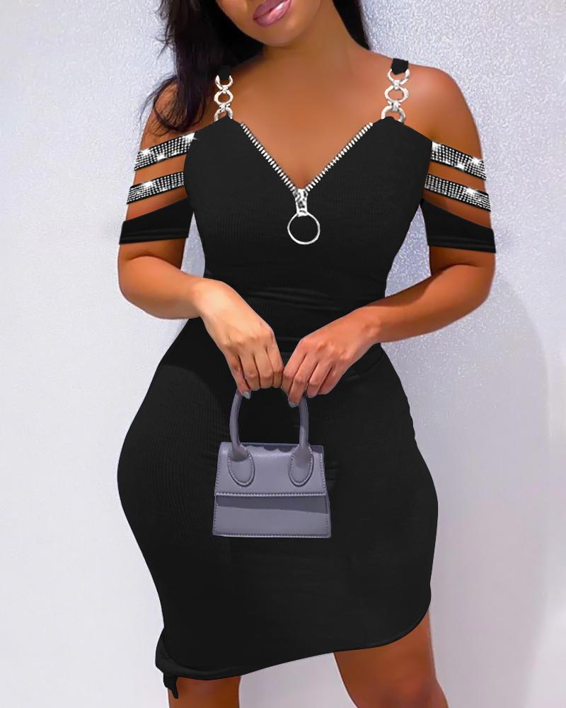 Cold Shoulder Rhinestone Zipper Design Bodycon Dress