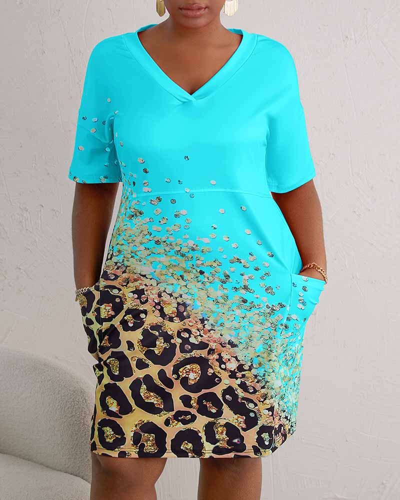 Plus Size Contrast Leopard Print Pocket Design Casual Dress