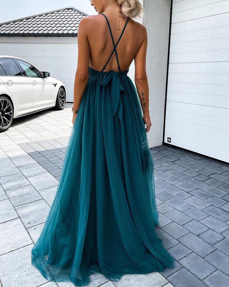 Crisscross Backless Crochet Lace Mesh Prom Dress