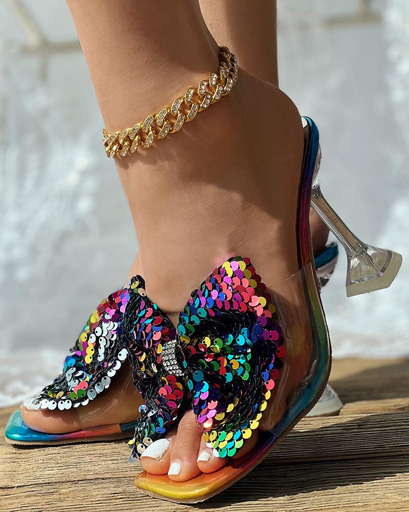 Sequin Bowknot Design Clear Pyramid Heels