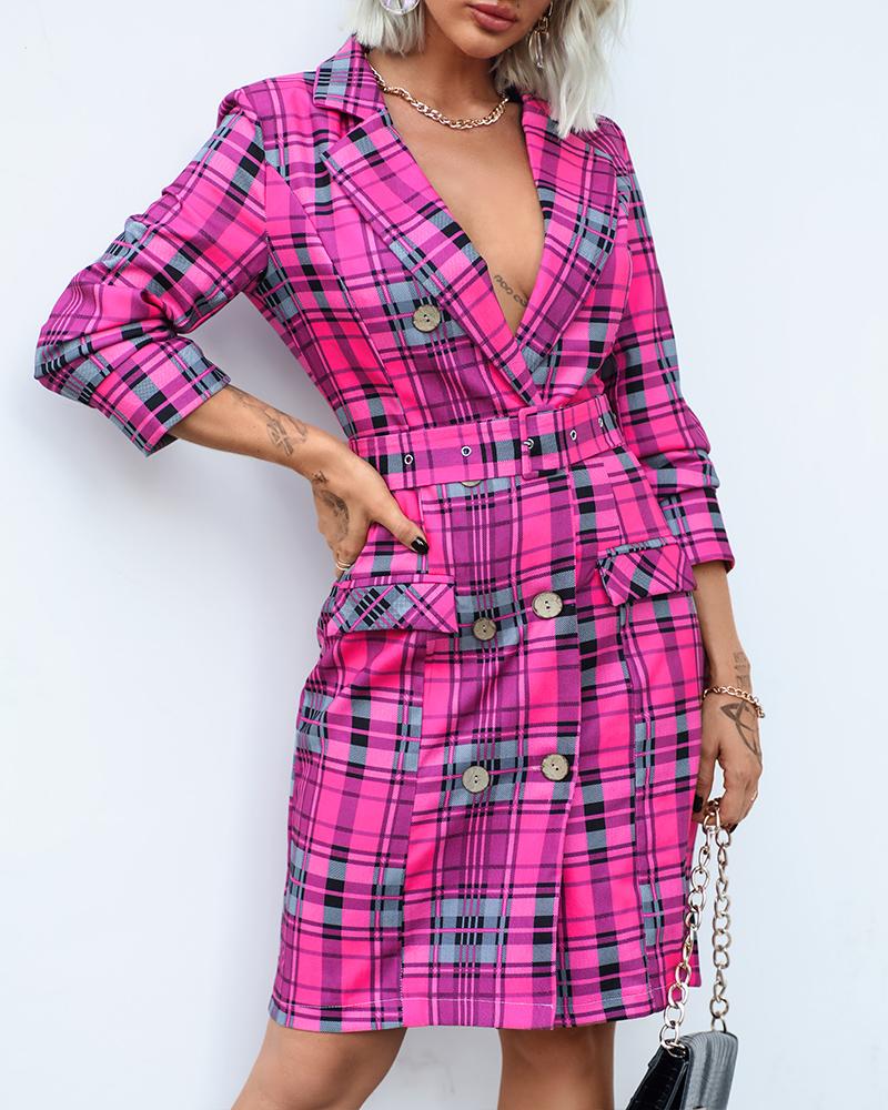 Plaid Print Double Breasted Belted Blazer Dress