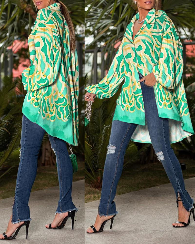 Abstract Print Lantern Sleeve Dip Hem Button Down Shirt
