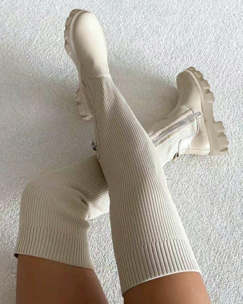  Plain Zipper Decor Knit Knee High Boots