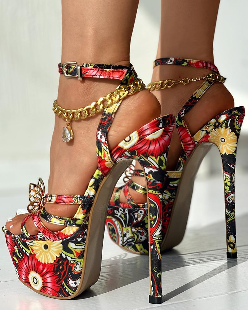 Butterfly Pattern Ankle Strap Platform Heels