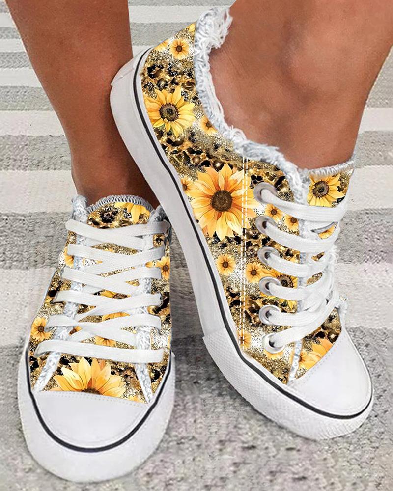 Sunflower Print Raw Hem Canvas Sneakers