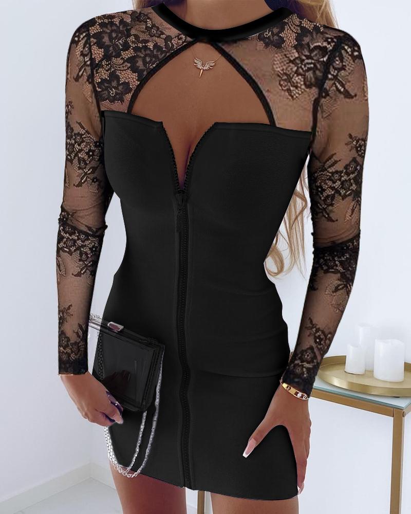 Contrast Lace Zipper Design Cutout Bodycon Dress