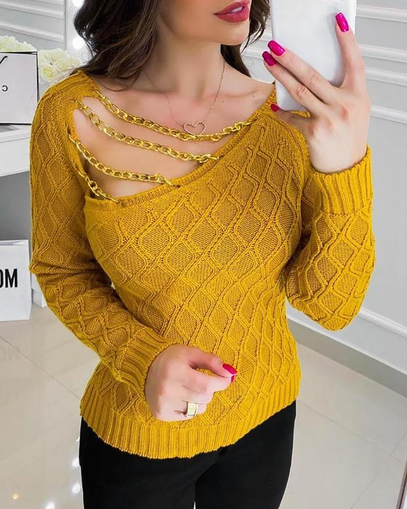Asymmetrical Neck Chain Strap Knit Sweater