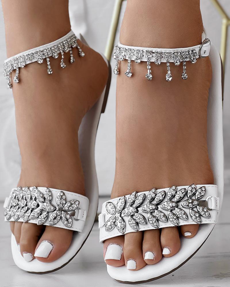 Rhinestone Leaf Pattern Ankle Strap Sandals