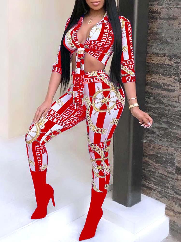 Chain Print Knot Front Top&Pants Set