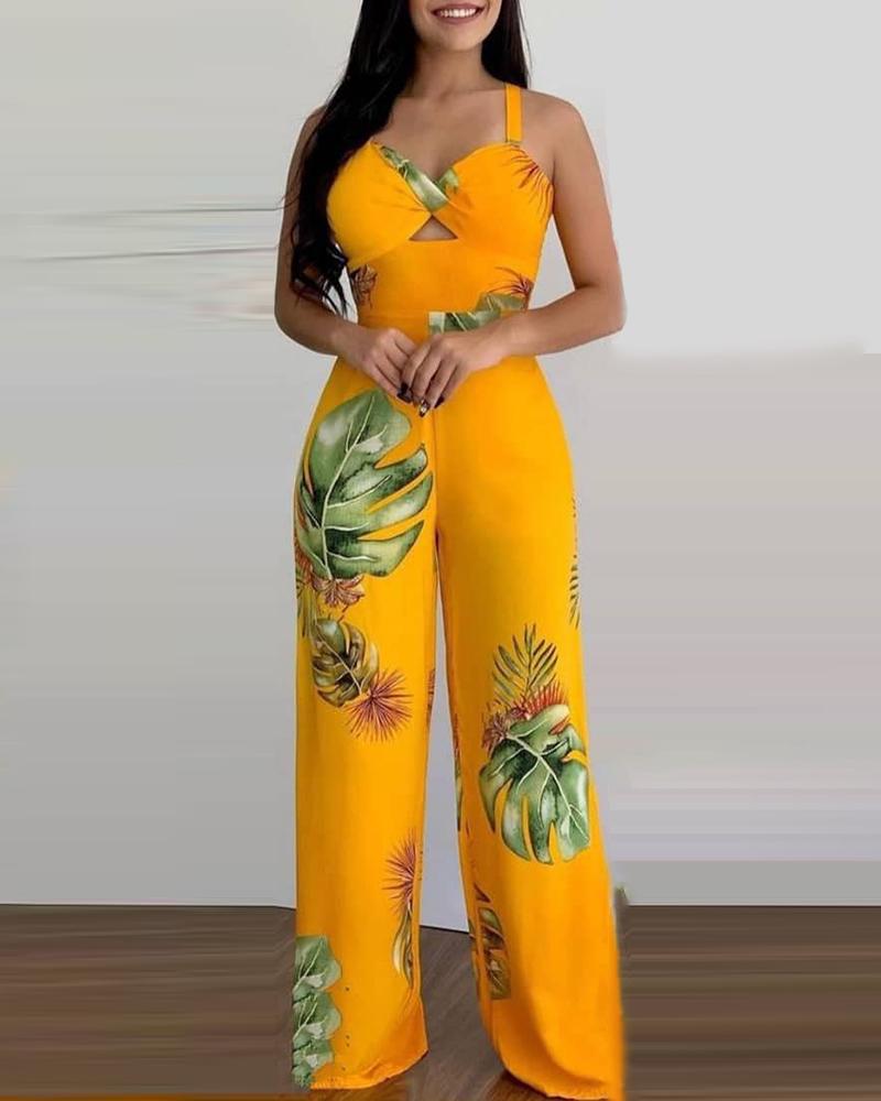 Plant Print Cutout Straight Jumpsuit