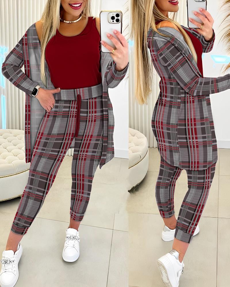 Tank Top & Plaid Print Drawstring Pants Set With Coat