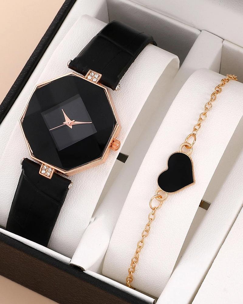 Watches  ChicMe 2pcs Geometric Quartz Watch & Heart Pattern Chain Bracelet Set