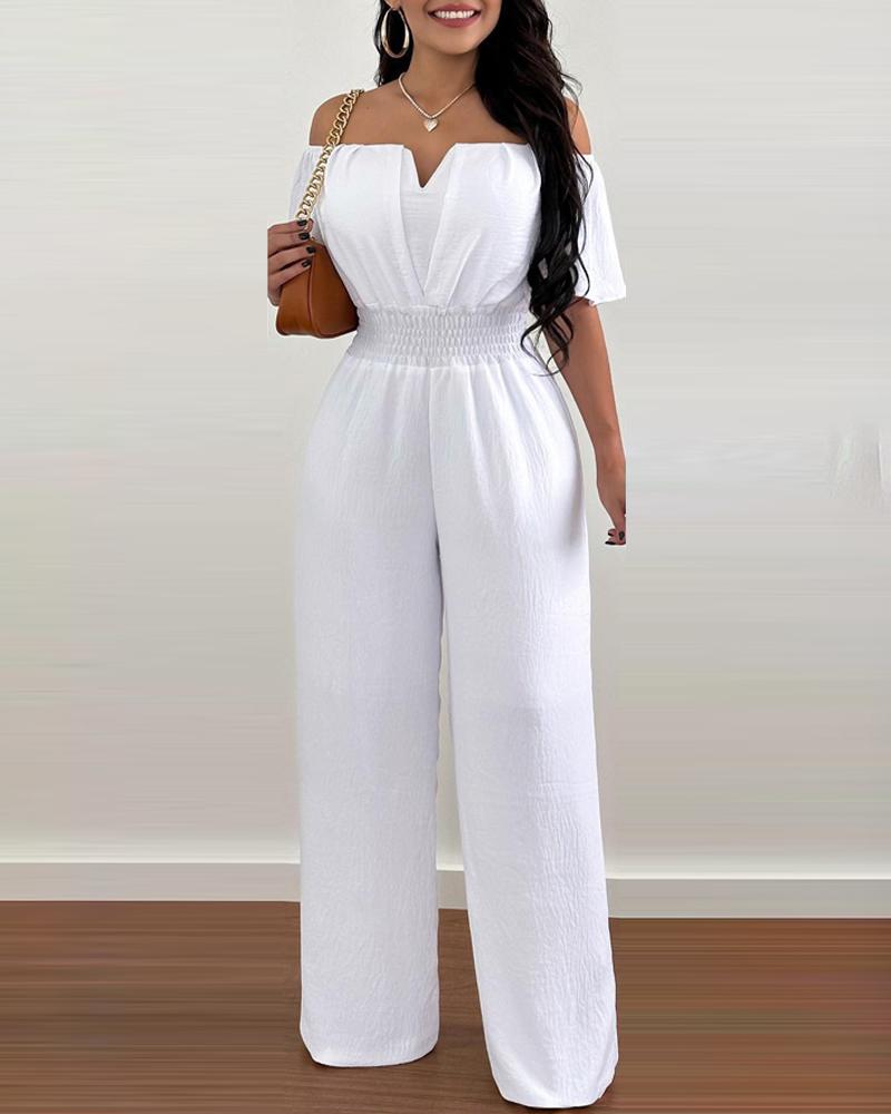Off Shoulder Shirred Waist Jumpsuit