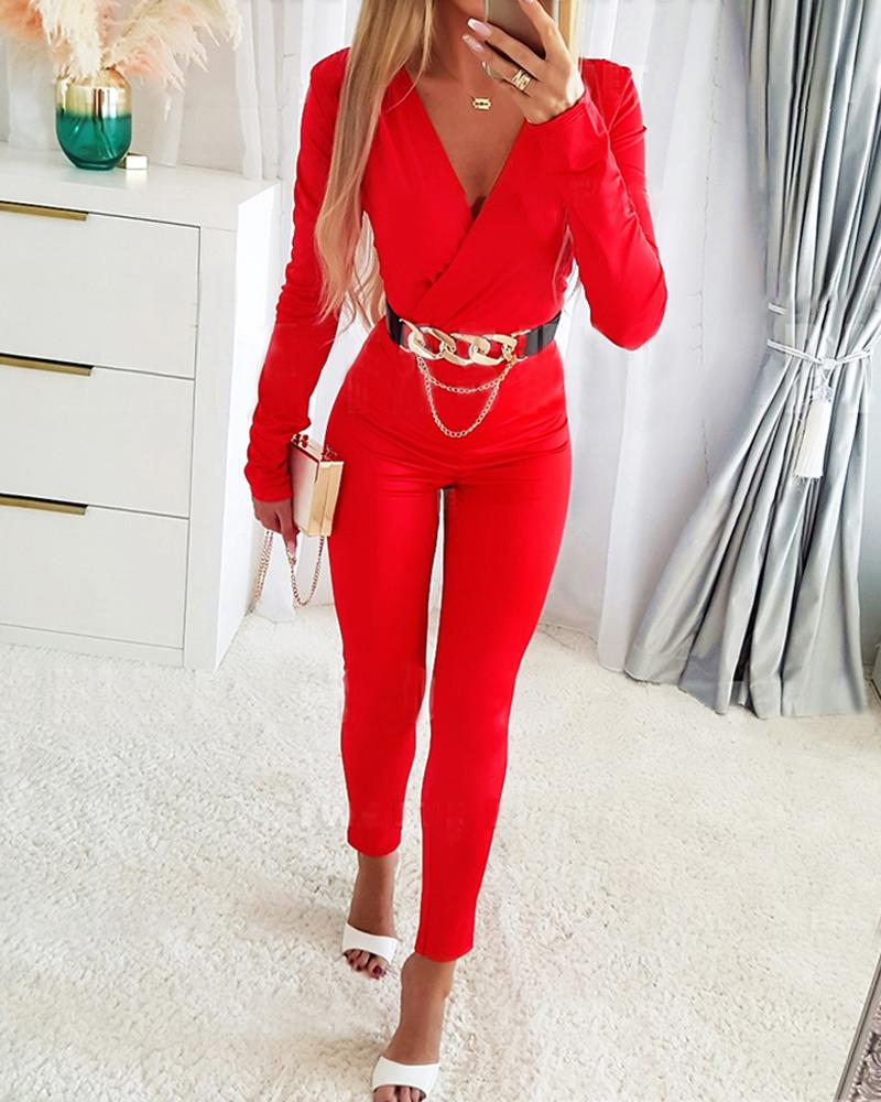 Deep V-Neck Long Sleeve Jumpsuit
