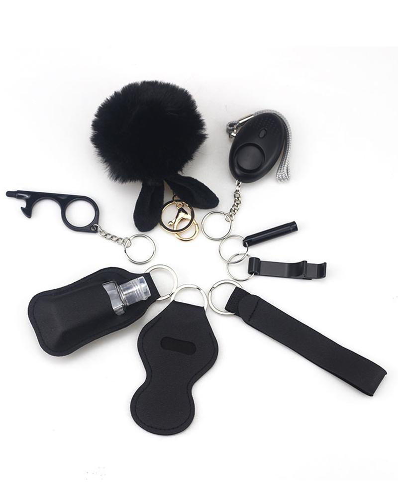 9pcs Graphic Print Whistle Pom Pom Self Defensive Keychain Set