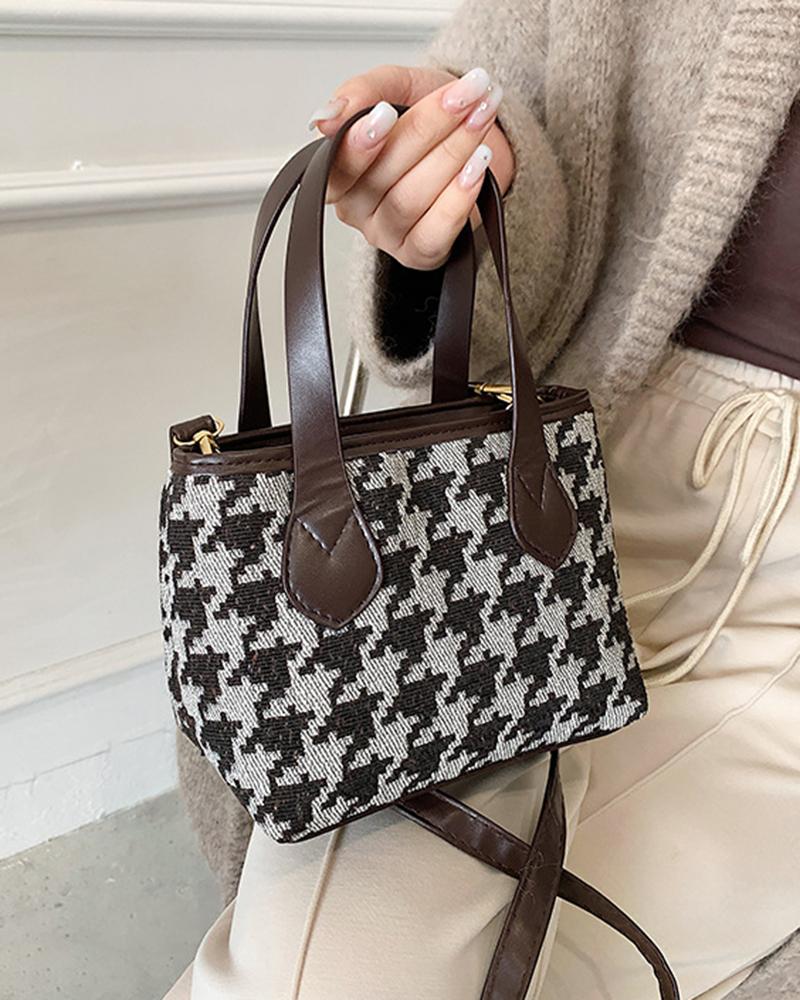 Houndstooth Zipper Design Satchel Bag
