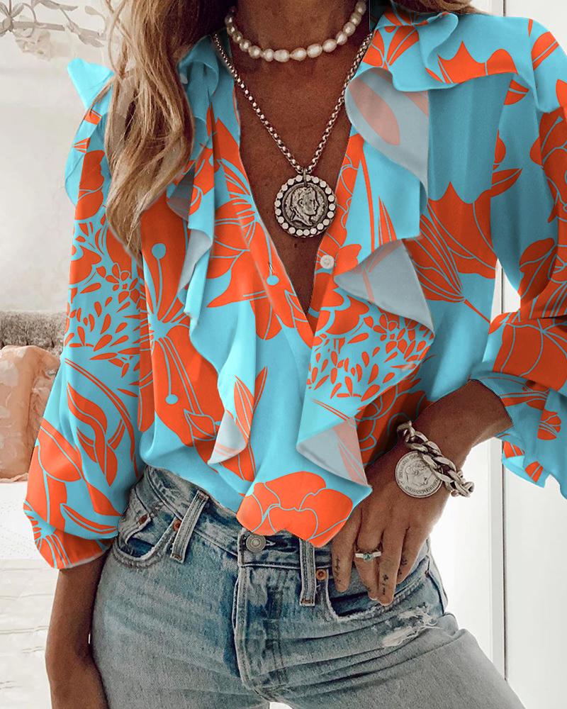 Plants Print Flounce Sleeve Ruffle Hem Top