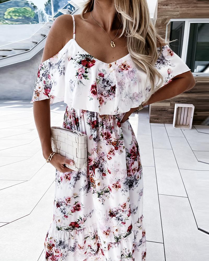 Cold Shoulder Floral Print Ruffles Maxi Dress